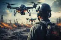An AI image of a soldier looking at a drone on a battlefield