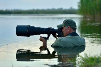 A wildlife photographer in a lake