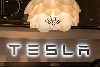 Tesla logo on Tesla showroom